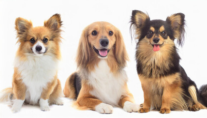 Obraz premium Collage made of different purebred dogs looking against white studio background. Smart, beautiful pets. Concept of animal theme, care, pet friend, vet, doggie lifestyle