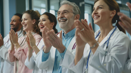 A group of doctors and nurses stand in a row, smiling and clapping, exuding a sense of teamwork and accomplishment in a bright, modern hospital.