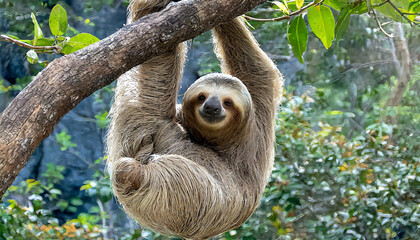 Funny sloth hanging on tree branch, cute face look, perfect portrait of wild animal in the Rainforest of Costa Rica scratching the belly, Bradypus variegatus, brown-throated three-toed sloth, relaxed
