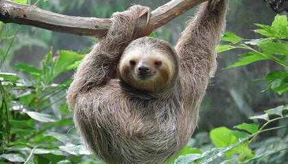 Fototapeta premium Funny sloth hanging on tree branch, cute face look, perfect portrait of wild animal in the Rainforest of Costa Rica scratching the belly, Bradypus variegatus, brown-throated three-toed sloth, relaxed