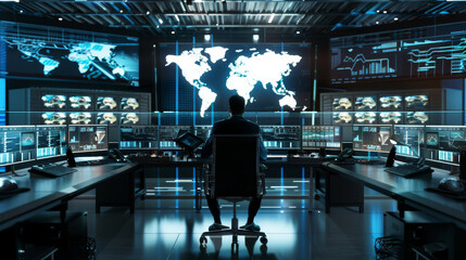 In a high-tech control room, a solitary figure surveys a world map, emphasizing global connectivity and surveillance.