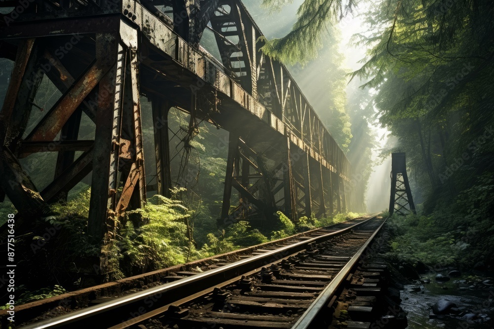 Poster tranquil and serene misty forest railway bridge surrounded by lush vegetation and atmospheric fog, c