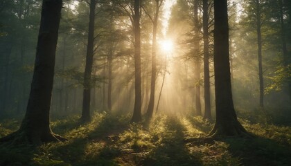 Golden sunlight illuminates a misty forest path