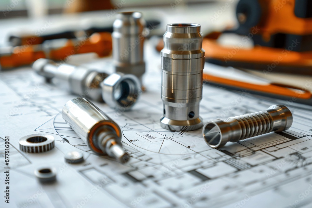 Poster precision engineering components on technical blueprints