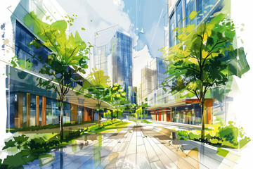 Naklejka premium A sketch of modern buildings and greenery in the city.