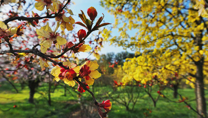 Naklejka premium Beautiful cherry tree with tender flowers. Amazing spring blossom