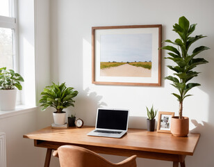 Fototapeta premium Bright Home Office with Laptop and Plants