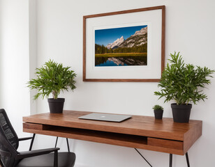Home Office with Laptop, Plants, and Scenic Artwork