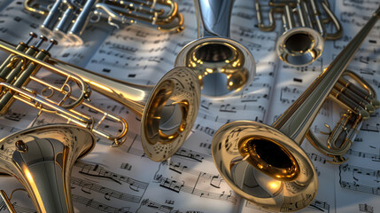 Obraz premium A collection of brass instruments rests atop detailed musical sheets, showcasing the beauty and craftsmanship of orchestral music.