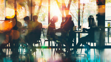 A group of people engaged in conversation and working on laptops in a cozy café, bathed in warm, colorful light filtering through the windows.