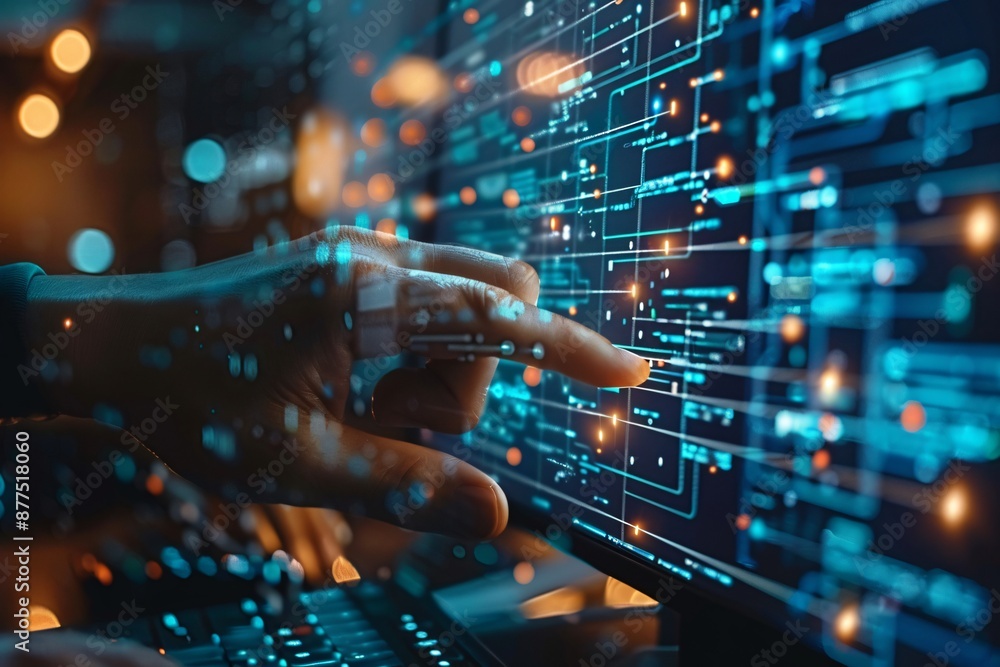 Aufkleber hand interacting with futuristic digital interface on computer screen