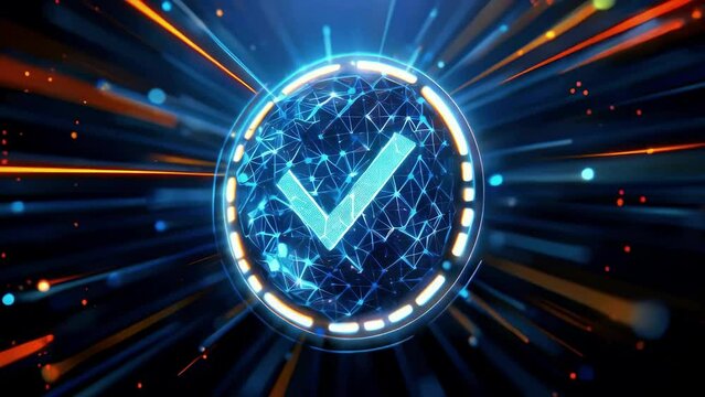blue check mark on a futuristic background. Glowing neon tech icon illumination, abstract cyber future graphic element on space spectrum