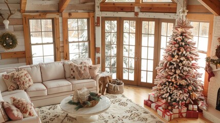 festive home decor, pink and brown christmas ornaments spread across a snug living room, fostering a cozy and welcoming ambiance