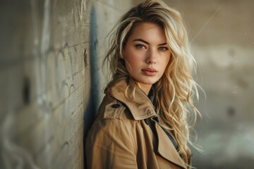 Obraz premium Beautiful young blond woman with long hair is posing outside in an urban environment wearing a trench coat