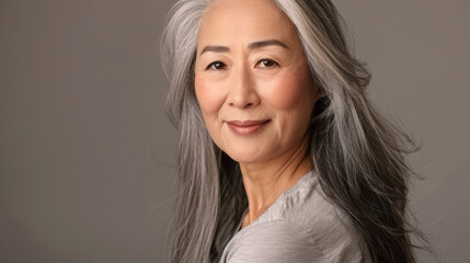 Fototapeta premium A graceful older woman with long silver hair smiles gently against a plain studio backdrop, exuding wisdom and serenity.