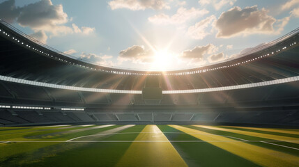 A vast, empty soccer stadium bathed in sunlight, reflecting calm and anticipation before a match.
