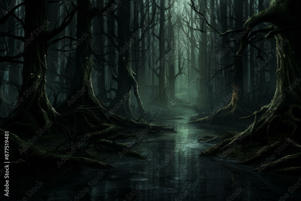 Poster mysterious and eerie digital art of an enigmatic twilight forest scene with misty trees and haunting