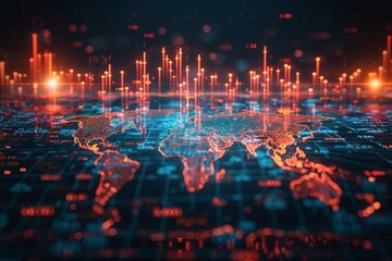 Fototapeta premium abstract colorful gloing futuristic virtual map background, hologram of candlesticks from the cryptocurrency market