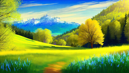 Spring landscape. Fresh foliage, grass. Nature comes to life. spring background for the product