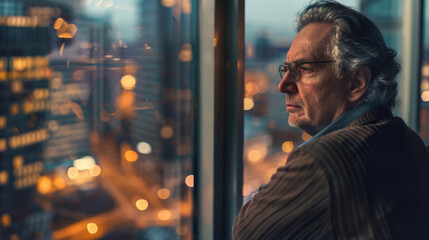 A distinguished man in glasses gazes out at a cityscape bathed in evening lights, conveying a sense of contemplation and urban sophistication.