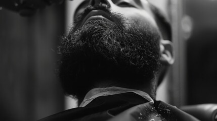 A man lies in a barber's chair, receiving a beard trim. His eyes are closed, and he is relaxed as the barber carefully works on his beard.
