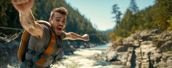 A man with a backpack and ecstatic expression zip-lining over a rapid river in a lush forest setting, capturing the thrill and excitement of outdoor adventure sports.