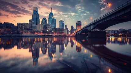 Naklejka premium Cityscape of Philadelphia skyline with illuminated bridge over river at dusk