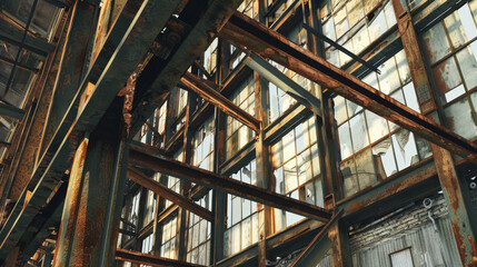 Sunlit industrial structure with rusting beams and broken windows tells stories of its past.