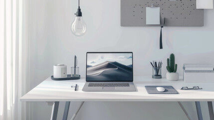 An organized home office with a sleek, open laptop, scattered stationery, indoor plants, and a hanging bulb accent, all illuminated by soft, natural daylight.
