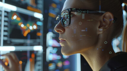 Fototapeta premium A professional intently analyzes digital displays in a technologically advanced setting, reflecting a high level of focus and technical expertise.