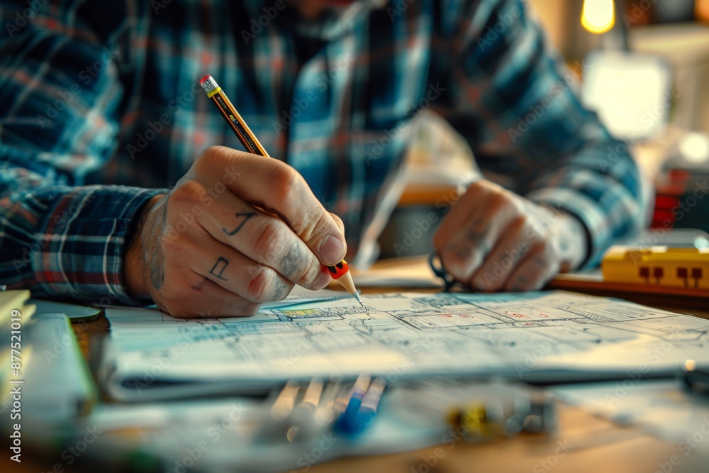 Poster focused architect working on blueprints in a creative workspace