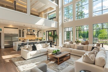 Image of Beautiful living room interior in new luxury home with open concept floor plan. Shows kitchen, dining room, and wall of windows with amazing exterior.