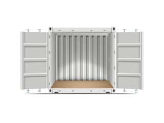 Cargo ship container vector mockup empty inside view, white transportation freight storage with open doors, delivery