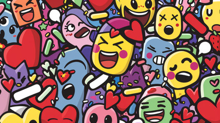 Obraz premium An animated and chaotic mix of quirky emoji faces and hearts, bursting with emotions and energy in a lively, colorful scene.