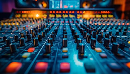 A detailed close-up view of a sound mixing console with colorful lights and various knobs and buttons, highlighting the intricate and technical aspects of audio production.