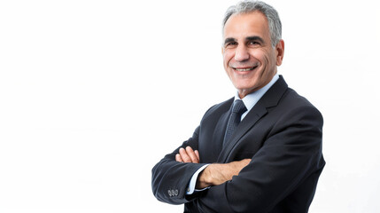 A confident professional man in a suit stands with arms crossed, radiating success and assurance against a clean white background.