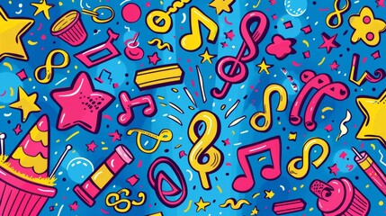party celebration illustration, playful doodles of fireworks, music notes, and party favors scattered across a vibrant backdrop, setting a lively and festive mood for a celebration