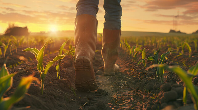 A farmer walks through a young cornfield at sunset, with sunlight casting a golden glow on the crops and earth, embodying rural tranquillity and hard work.