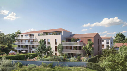 Modern residential buildings with balconies and lush, landscaped surroundings, showcasing contemporary architecture and community living.
