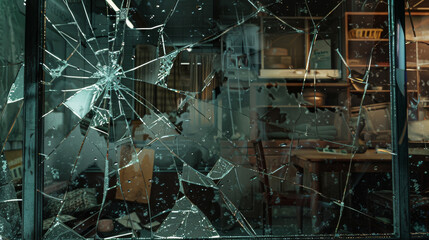 The shattered glass window of an abandoned room with visible furniture pieces, evoking a sense of mystery and abandonment.