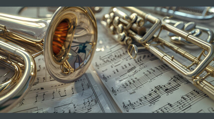 Naklejka premium An arrangement of brass instruments atop sheet music, evoking a sense of nostalgia and the rich tradition of musical artistry.