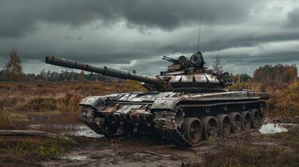 Fototapeta premium A rusty, abandoned tank sits in a muddy field under a gloomy, overcast sky, remnants of a past conflict amidst an eerie, desolate landscape.