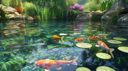 A serene koi pond with vibrant fish and lily pads surrounded by lush greenery and colorful flowers, creating a tranquil garden scene.