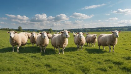 Fototapeta premium A flock of sheep graze under a cloudy afternoon sky