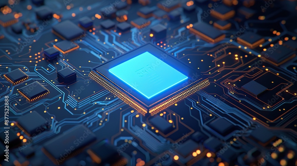 Aufkleber Glowing blue central processing unit on a circuit board with intricate circuitry