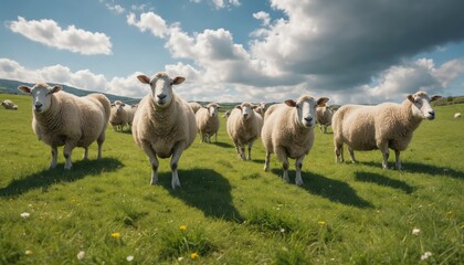 Obraz premium A flock of sheep graze under a cloudy sky in a lush green pasture