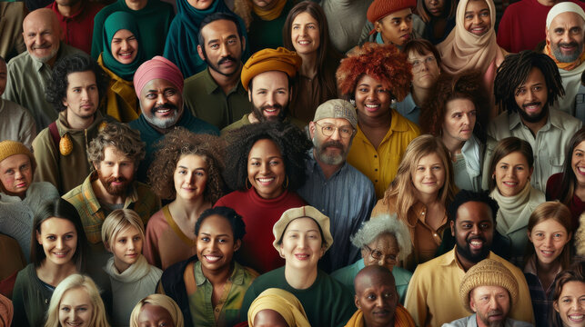 A large, diverse group of people stands together, representing unity and inclusion, each individual contributing to a colorful mosaic of humanity.