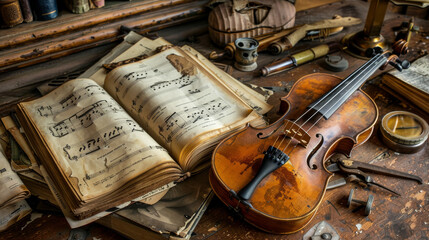 Fototapeta premium A rustic wooden table adorned with antique sheet music and a well-worn violin, evoking a sense of nostalgia and timeless artistry.