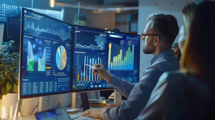In a modern office, a man studies vivid charts on a large monitor, engaged in data analysis with colleagues nearby.