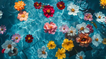 A vibrant array of colorful flowers floating in clear blue water. Ai generated
